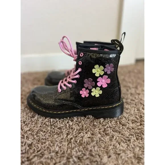 Dr Martens Junior 1460 Glitter & Flower Applique Lace Up Boots Sz 5 - Picture 6 of 9